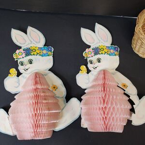 Adorable Vintage Easter Ephemera Pink Honeycomb Bunny Rabbit Tabletop Display
